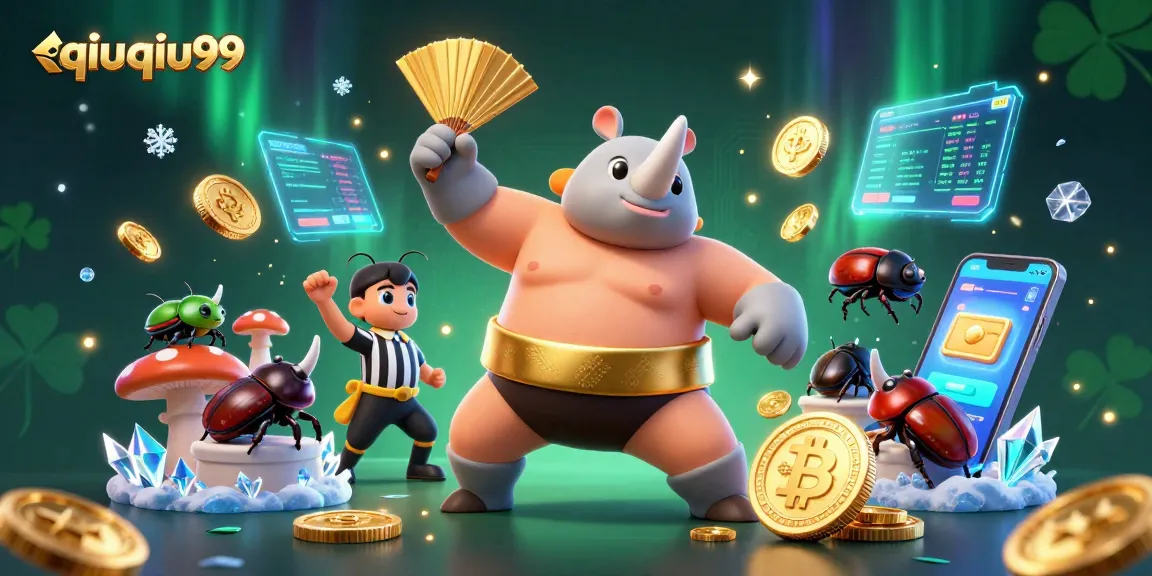 Engage with thrilling qiuqiu99 gameplay featuring a sumo champion beetle amidst vibrant crypto elements.