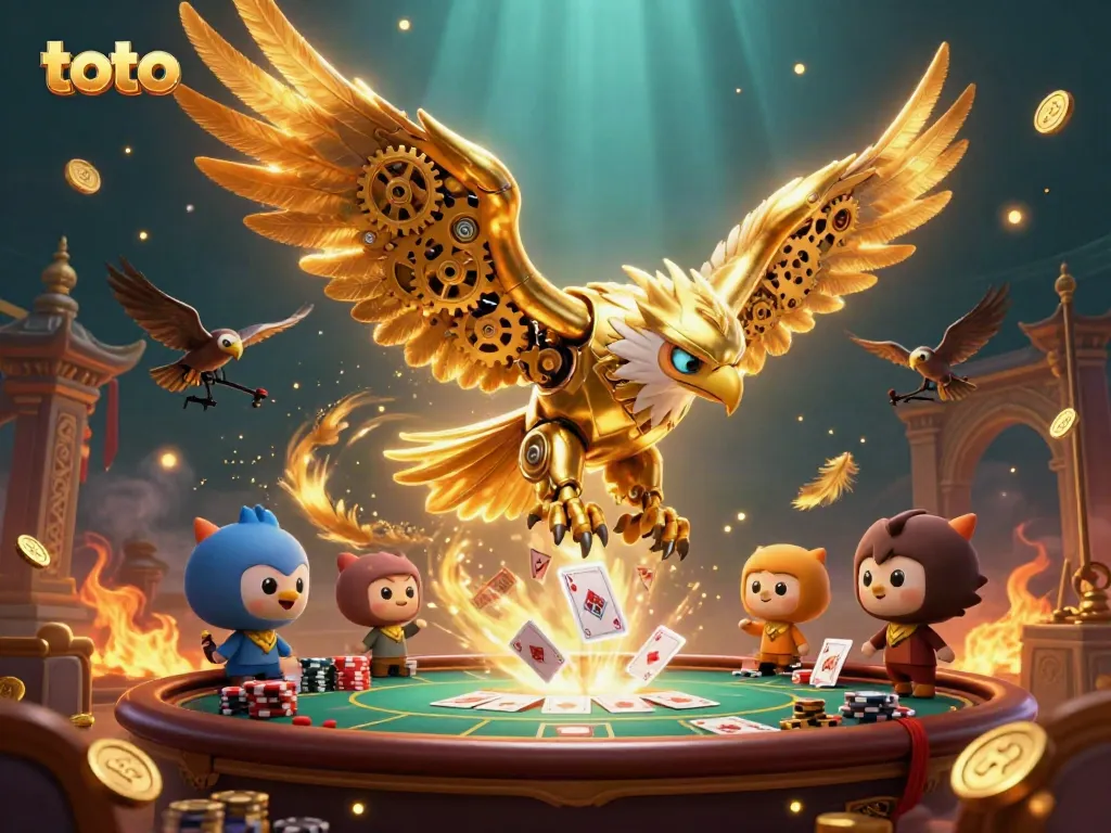 Toto-themed illustration showcasing a cybernetic eagle and poker elements, enhancing casino excitement.