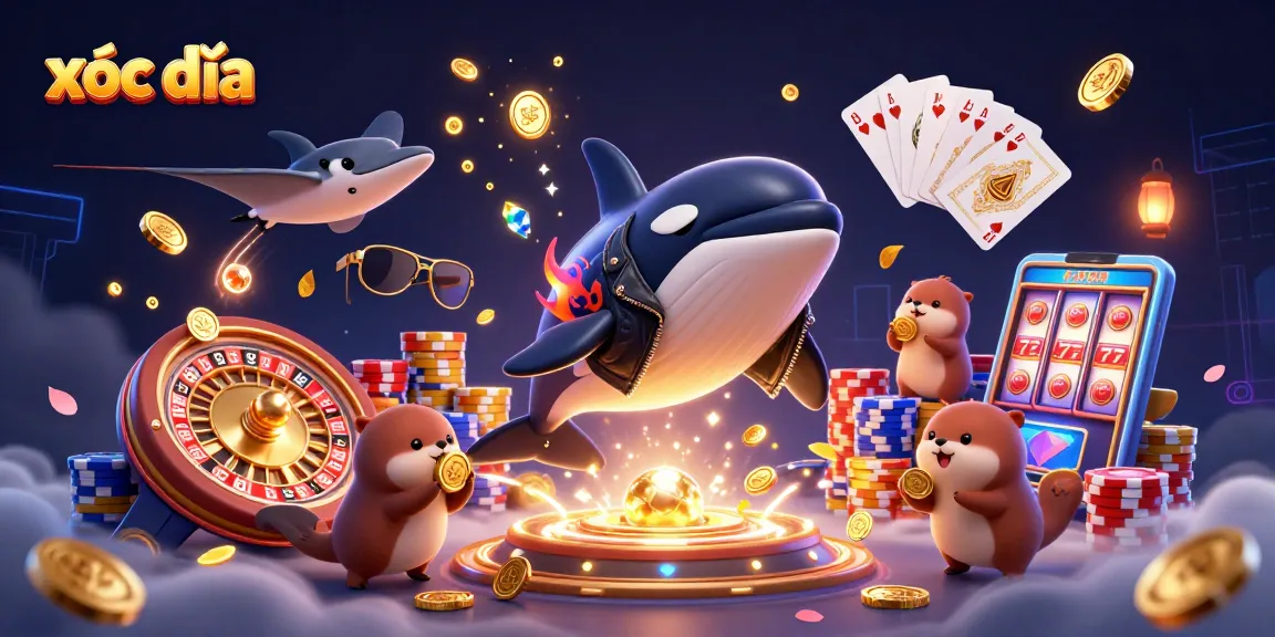 Experience the excitement of xóc đĩa with 3D colorful characters and golden coins flying in this vibrant casino illustration.