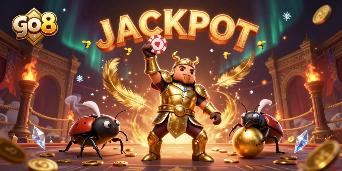 Experience go8's excitement with a 3D hercules beetle championing poker in a vibrant casino scene.