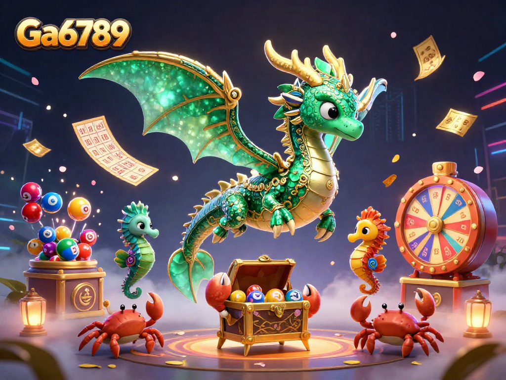 Engage with Ga6789’s vibrant lottery scene featuring colorful balls, dragons, and treasure.