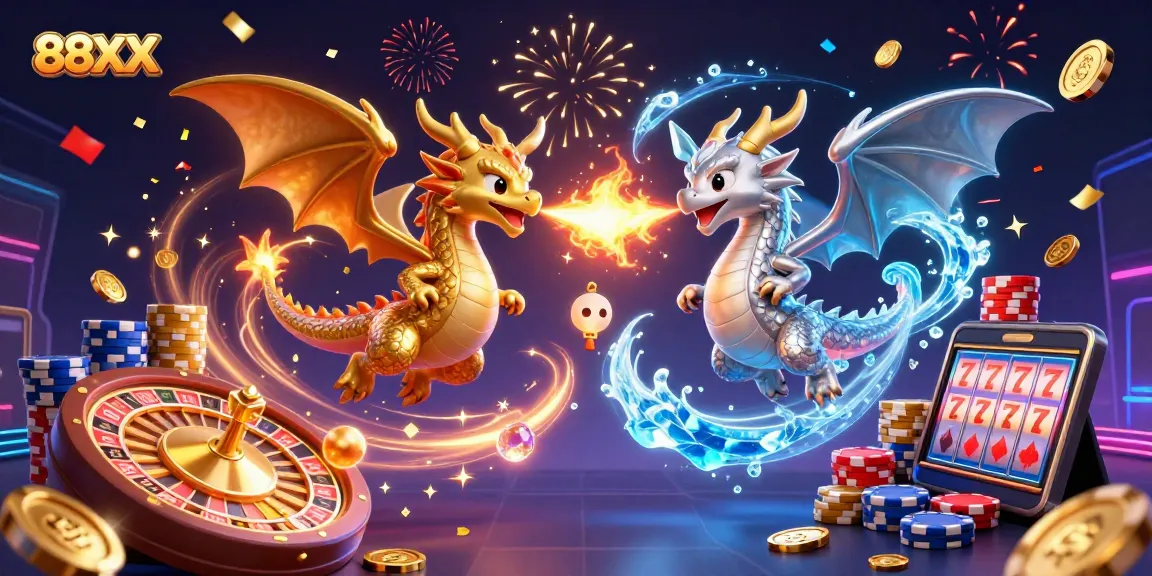 Engage with 88XX in this vibrant casino illustration featuring dragons amidst golden coins and dynamic gaming elements.
