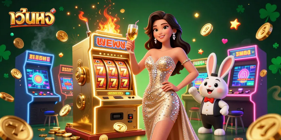 สัมผัสความตื่นเต้นของเกมสลอต เว็บตรง กับหญิงสาวผู้หรูหราที่เฉลิมฉลองการชนะแจ็คพอตพร้อมกับเจ้ามือการ์ตูนกระต่าย