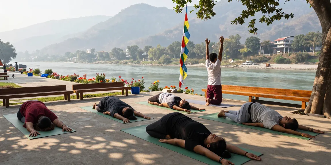 Yoga instructor certification india in serene Rishikesh, students practicing yoga by the Ganges amidst a tranquil landscape.