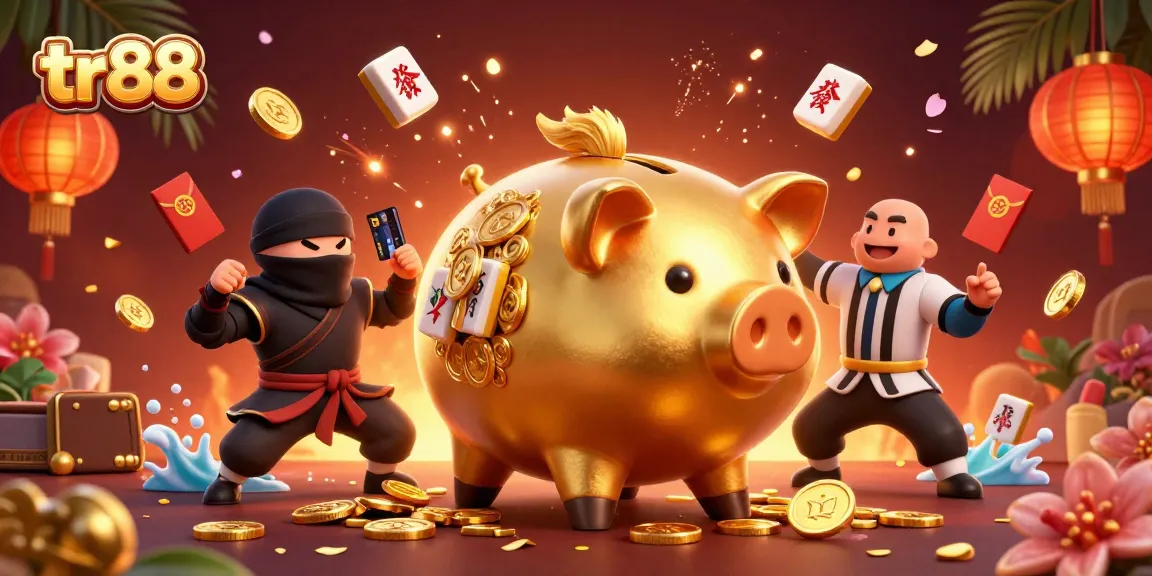 Experience thrilling action with the tr88 sumo wrestler piggy bank at this vibrant casino scene.