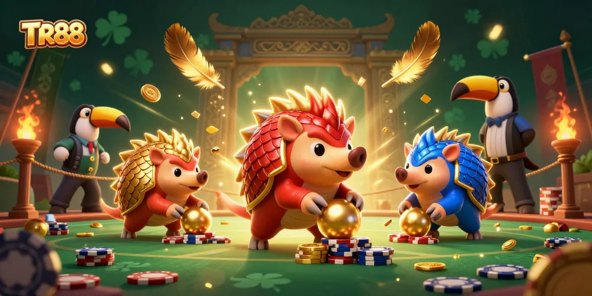 Engage in dynamic gaming action with TR88's 3D pangolin rivals competing amid golden chips.