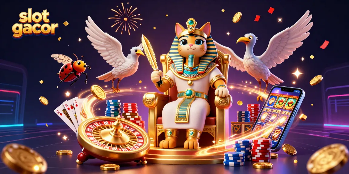Experience slot gacor excitement with vibrant 3D illustration of Egyptian-themed casino scene featuring lucky charms and gaming elements.