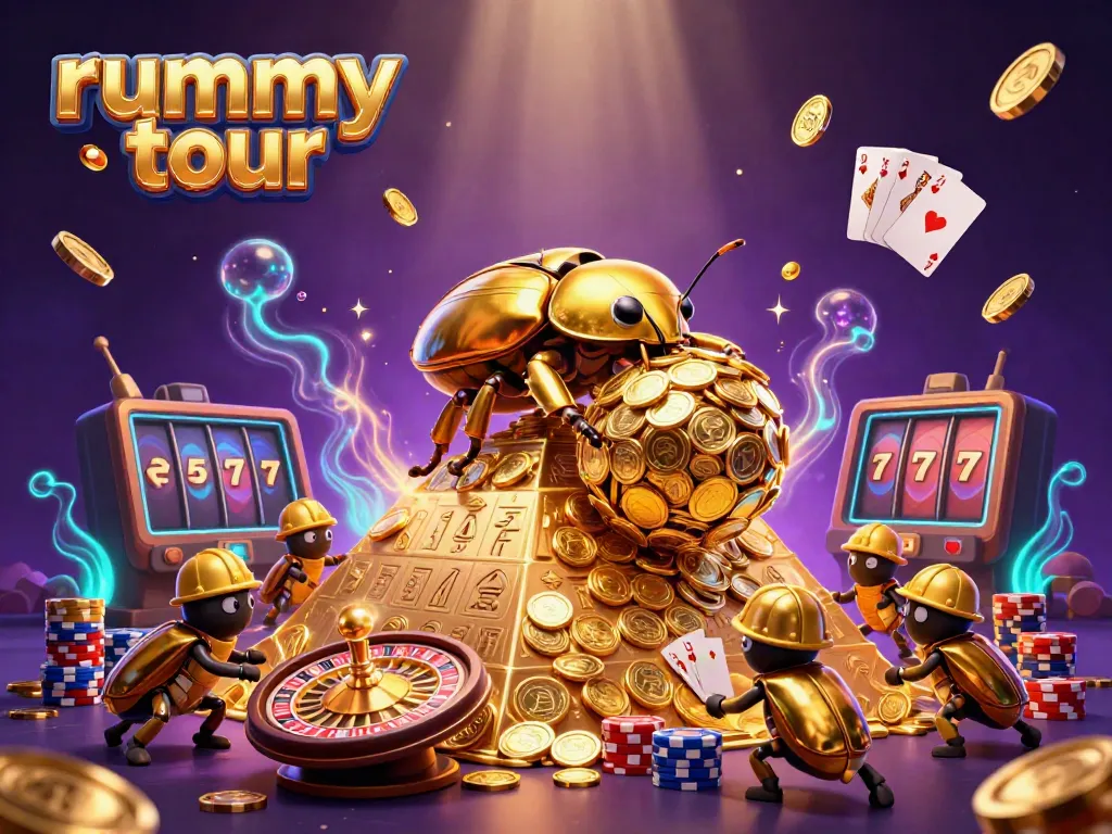 Bermain Rummy Tour dengan serangan koin emas dan kekayaan grafis yang memikat di latar belakang.