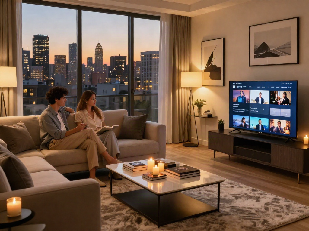 LUXURY 111 dalam suasana kehidupan urban yang mewah, pasangan muda di apartemen modern.