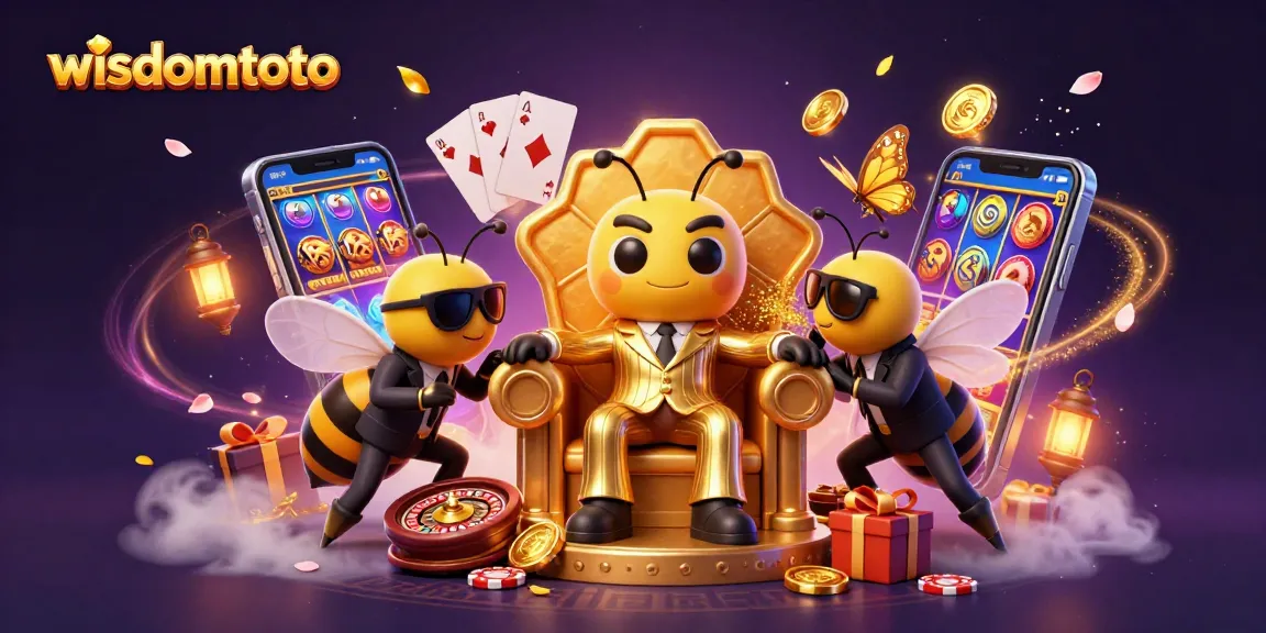 Menggambar momen bermain slot di wisdomtoto dengan bumblebee, wasp, dan kupu-kupu, dikelilingi elemen kasino.