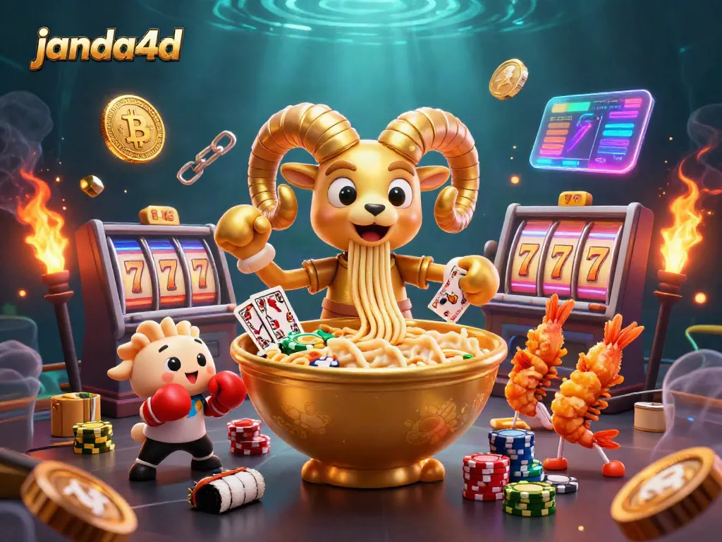 Permainan keberuntungan janda4d dengan simbol slot dan koin kripto memikat dalam ilustrasi menarik.