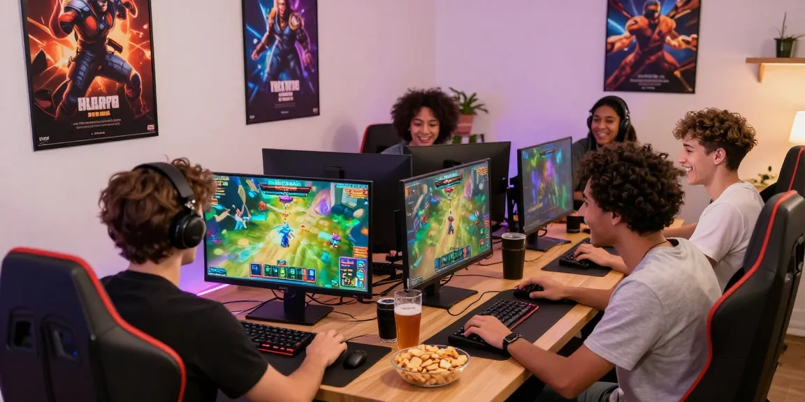 Friends enjoying tambakbet gaming session in a vibrant room.