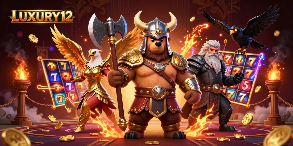 LUXURY12 players enjoying big wins with vibrant slots and dynamic characters in an engaging casino scene