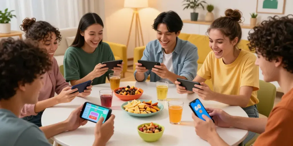 Friends enjoying yono games on mobile devices in a lively setting.