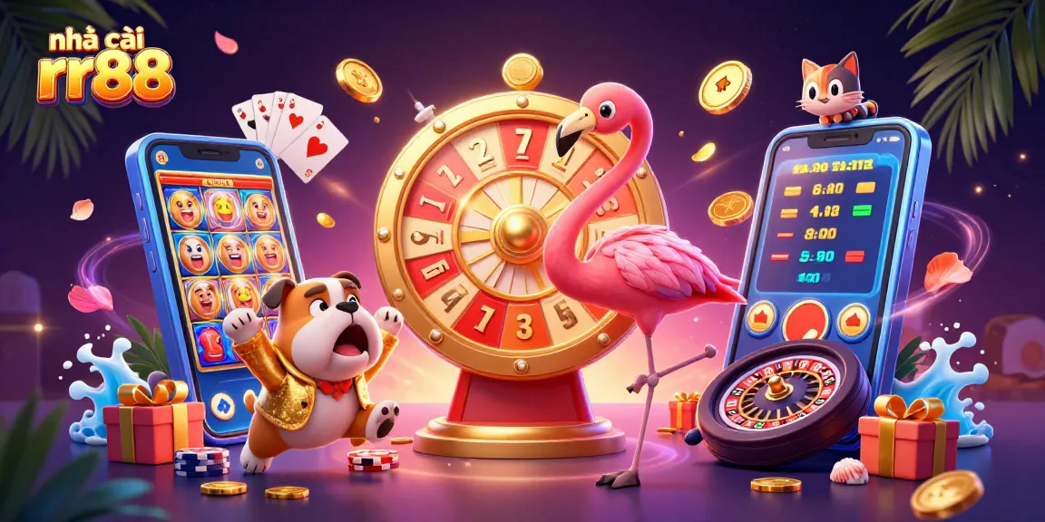 Exciting scene showcasing nhà cái rr88 as a 3D cartoon game show with vibrant casino elements and engaging characters.