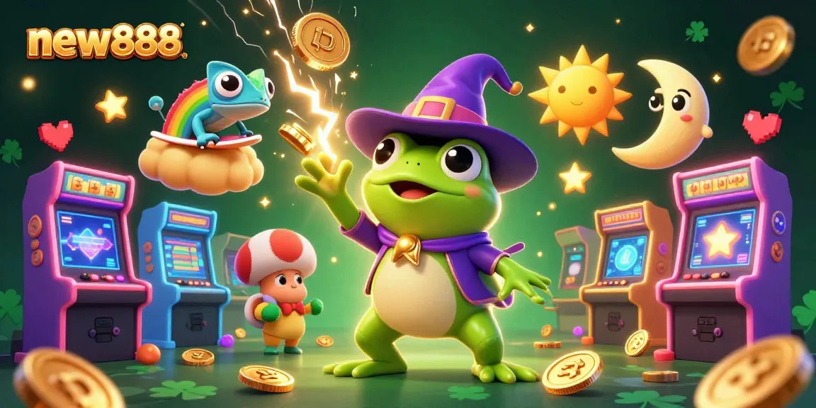 new888 brings thrilling casino excitement to life with cartoon characters and golden coins.