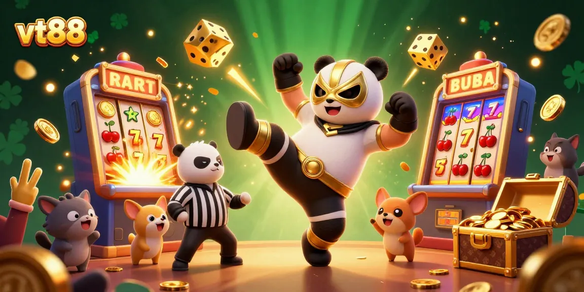 Experience excitement with vt88, featuring a 3D panda wrestler in action with slot machines and festive visuals.