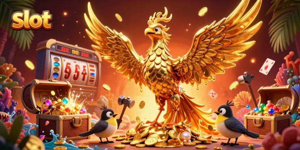 Experience the thrill of slots with this vibrant 3D scene featuring golden phoenix, gold coins, and tropical elements.