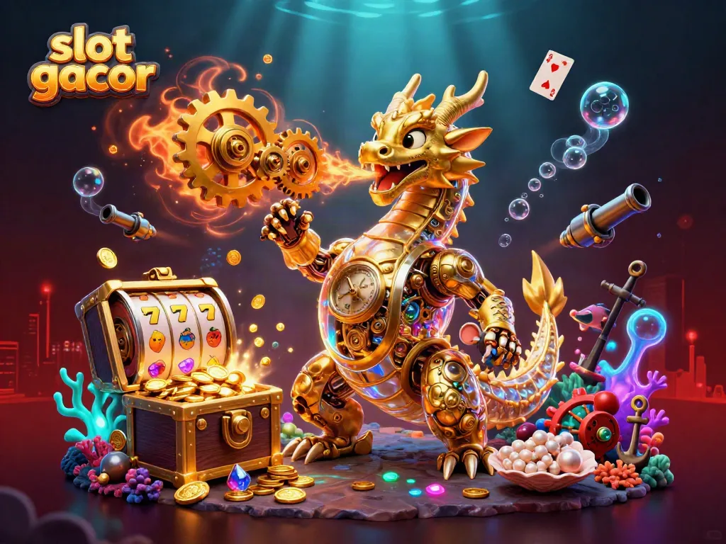 Experience the excitement of slot gacor with a dynamic 3D dragon and slot reels in a vibrant casino scene.
