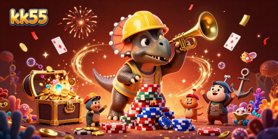 Engage with kk55's vibrant casino scene featuring a triceratops and celebratory elements.