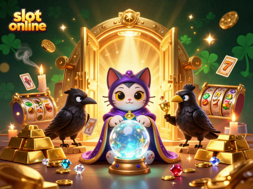 Menggandakan pengalaman bermain slot online dengan ilustrasi 3D kucing peramal, burung gagak, dan elemen permainan kasino yang kaya