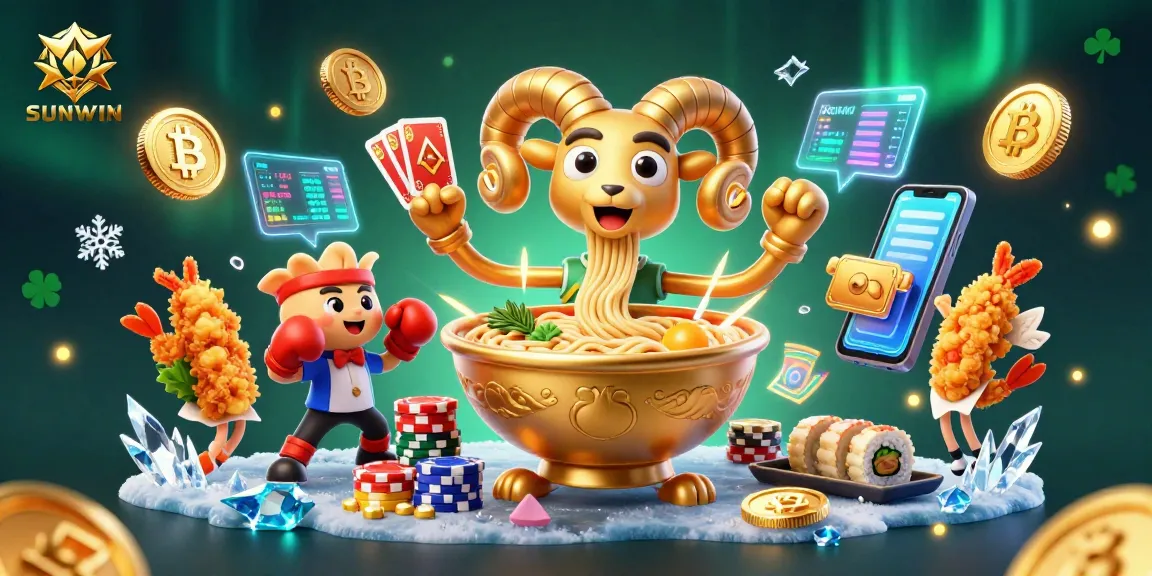 SUNWIN engaging players with a vibrant 3D casino scene featuring a giant ramen bowl dealer and crypto-themed game elements.