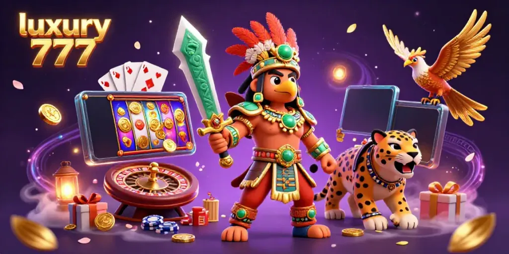 Experience the excitement of luxury 777 with Aztec warriors celebrating jackpot wins and vibrant slot games.