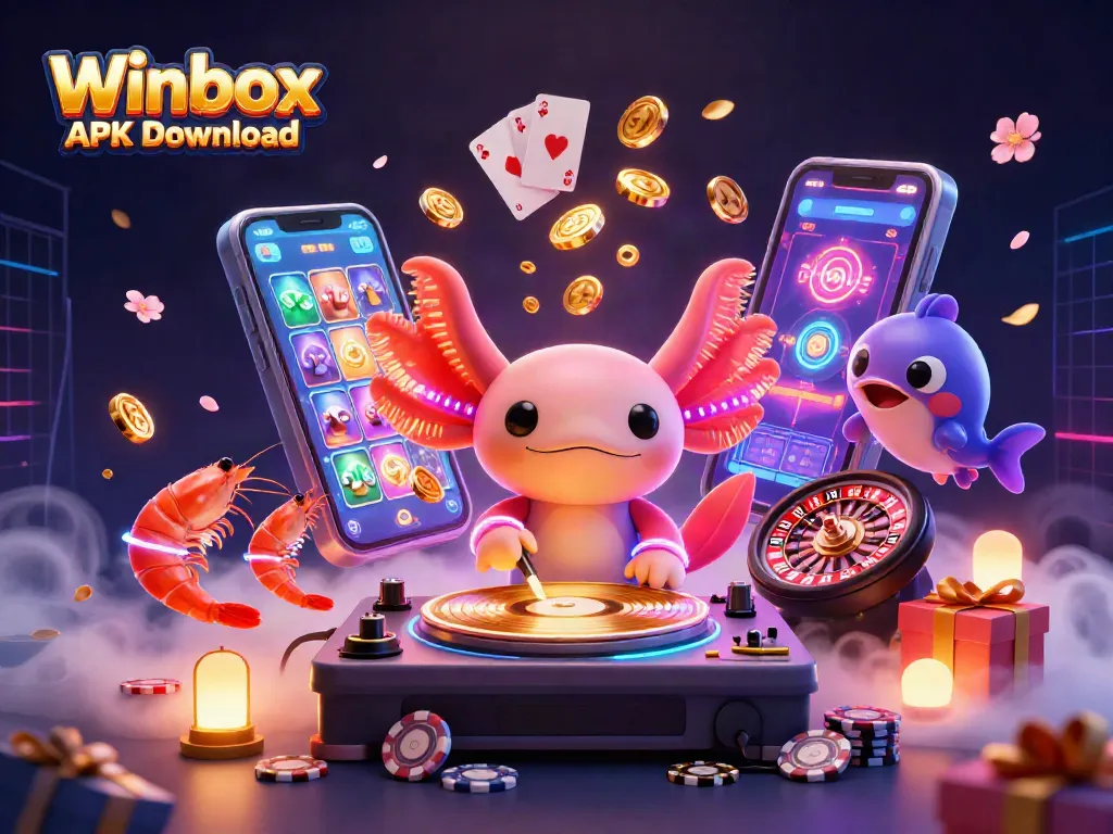 Winbox APK Download features an exciting 3D axolotl DJ and vibrant casino elements in a dynamic underwater scene.