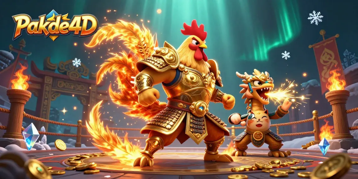 Experience thrilling action at Pakde4D with a dynamic rooster warrior and dragon in an exhilarating betting arena.