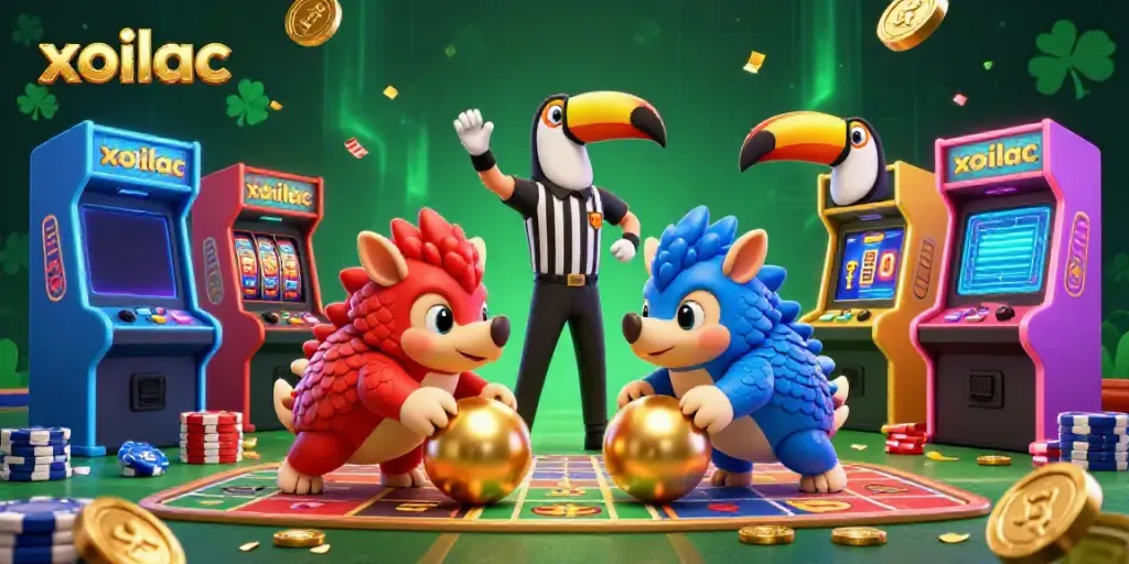 Xoilac pangolins roll golden balls in a vibrant sports betting scene with poker chips.