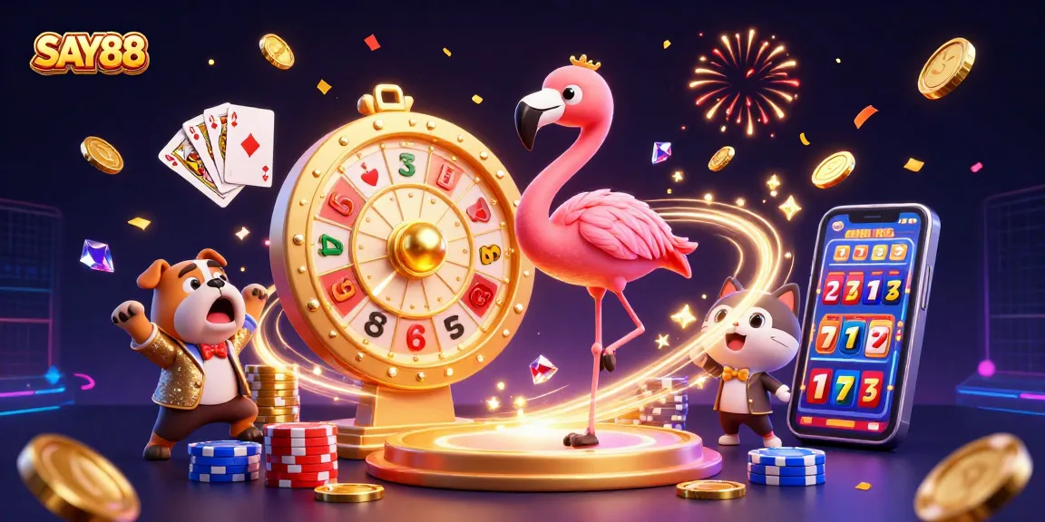 SAY88 engages gamblers with exciting 3D casino illustration featuring slots, coins, and vibrant game elements.