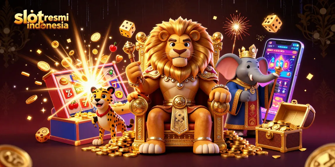 Menangkan jackpot dengan slot resmi Indonesia, simbol berkedip dan simbol keberuntungan berterbangan di latar belakang.