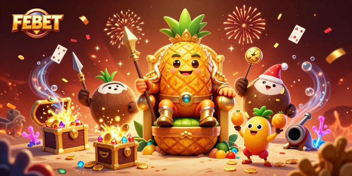 Experience exciting gaming at FEBET with a vibrant casino illustration featuring characters, treasures, and immersive elements.