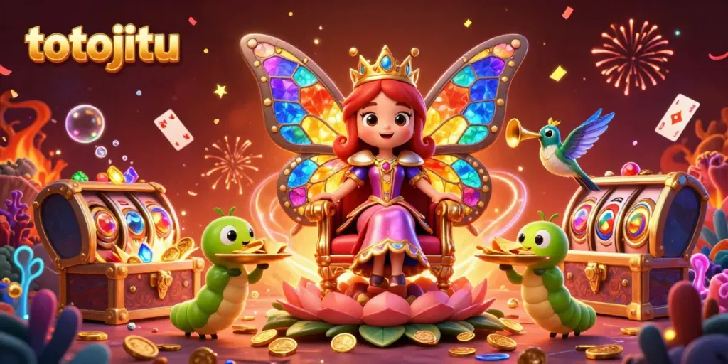 Engage with totojitu in a vibrant scene showcasing a butterfly queen, gems, and dynamic casino elements.