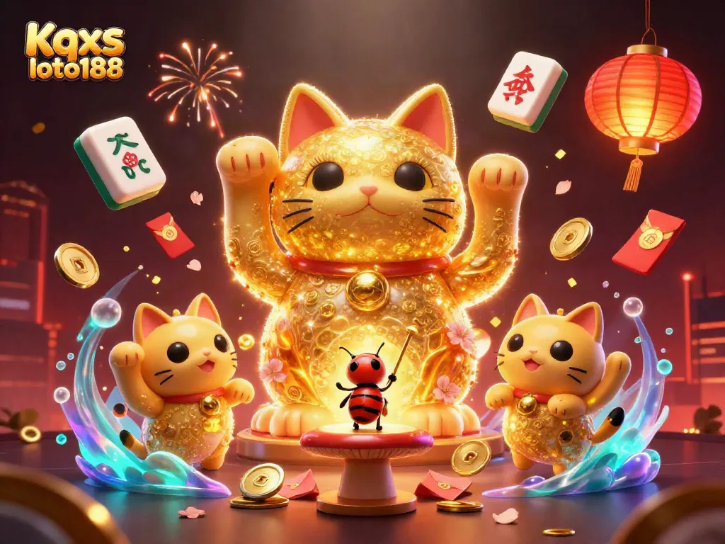 Engage with Kqxs loto188's vibrant lottery scene featuring a lucky cat and captivating symbols.