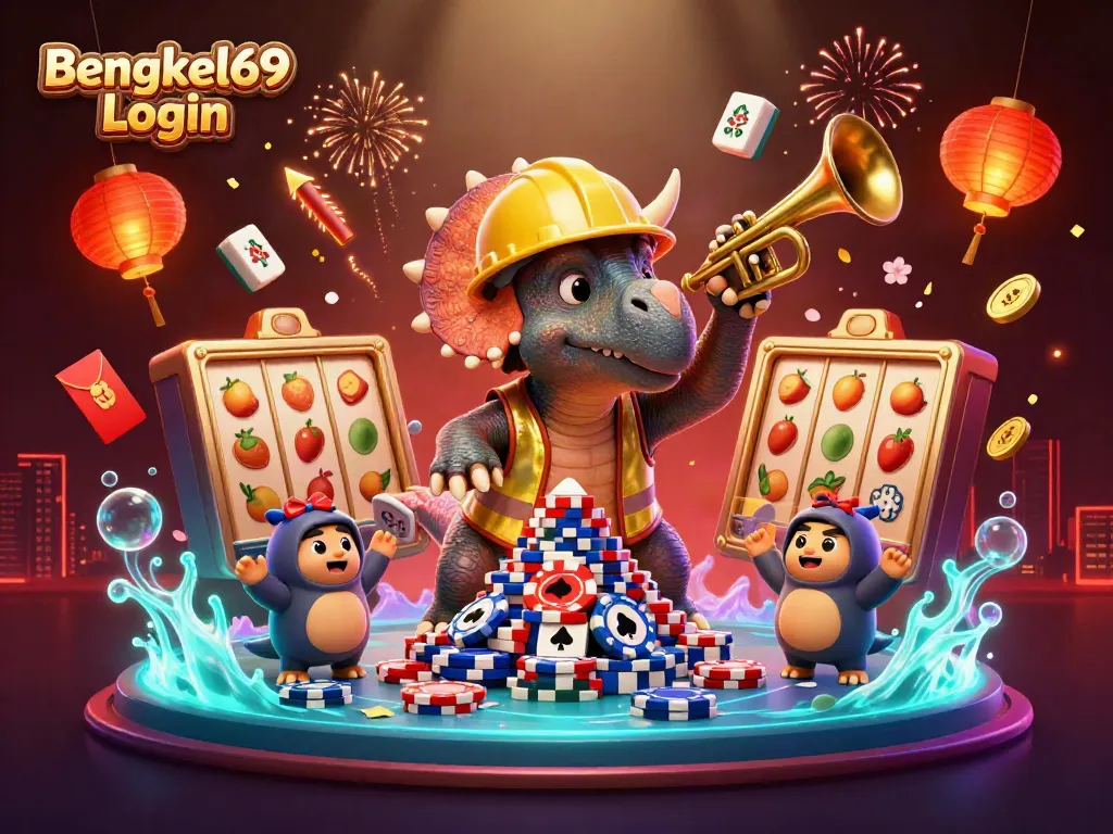 Bengkel69 Login features dynamic slot gaming elements with a triceratops celebrating in 3D