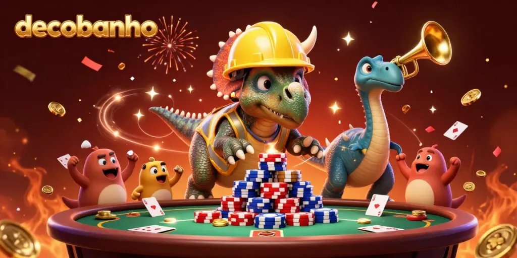 Experience thrilling casino fun with decobanho as characters build poker chip pyramids in celebration.