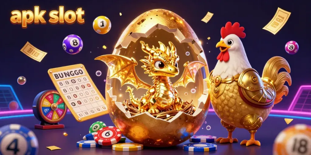 Mengungkap dunia apk slot dengan naga emas dan chip poker, simbol keberuntungan di kasino.