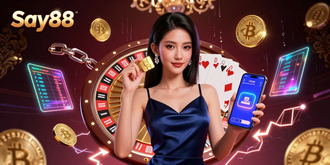 Engage with Say88's thrilling online casino experience featuring a stunning woman holding a smartphone and gaming chip.