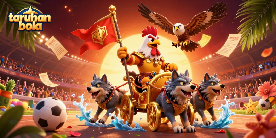 Engage in taruhan bola with a dynamic 3D cartoon rooster warlord ready for action in a vibrant scene.