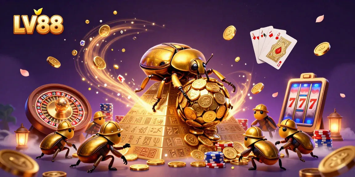 Experience thrilling gaming with LV88, featuring golden coins, vibrant games, and exciting jackpot opportunities.