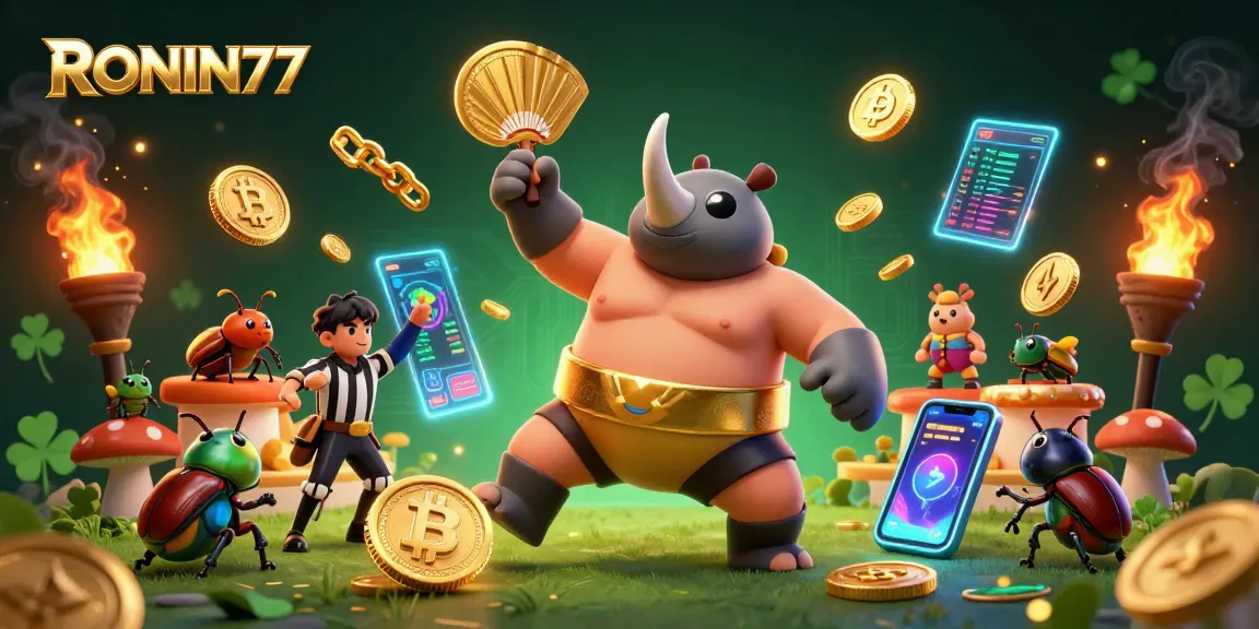 Experience thrilling bets at RONIN77 with animated characters and crypto elements in a vibrant casino scene.