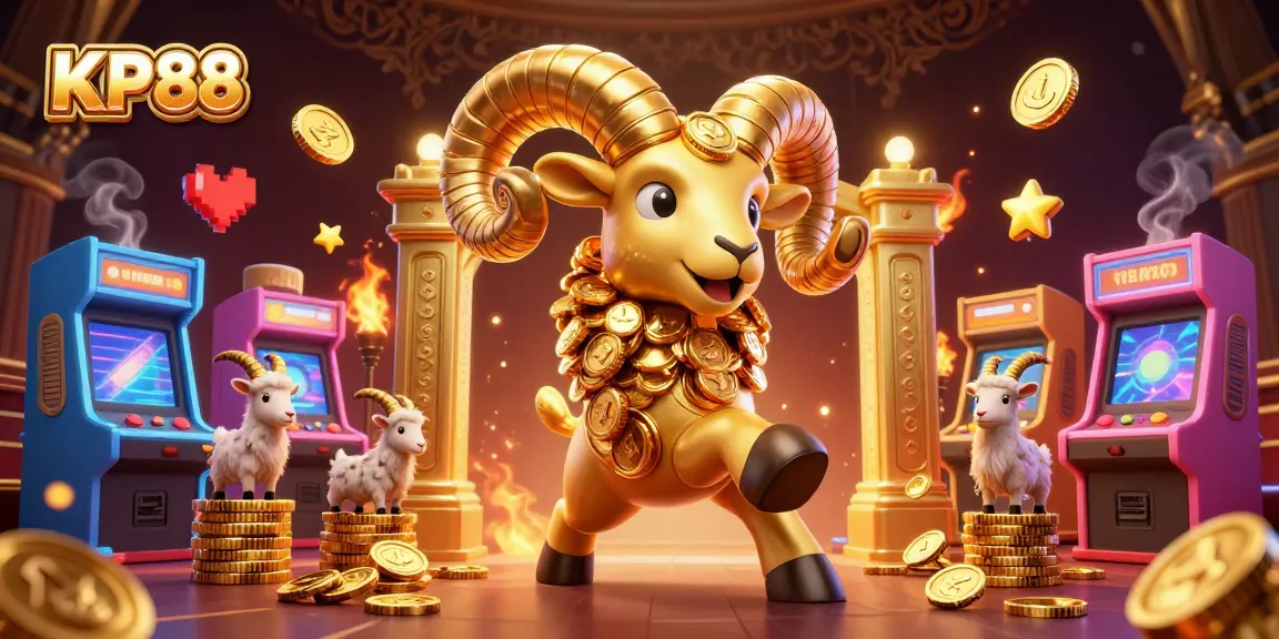 KP88 showcases an exhilarating scene with a golden ram charging through a casino environment, surrounded by arcade elements.