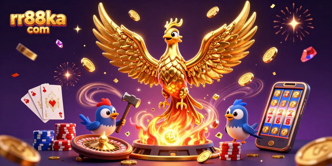 Engage with exciting luck at rr88ka com featuring a bold phoenix and dynamic casino elements.