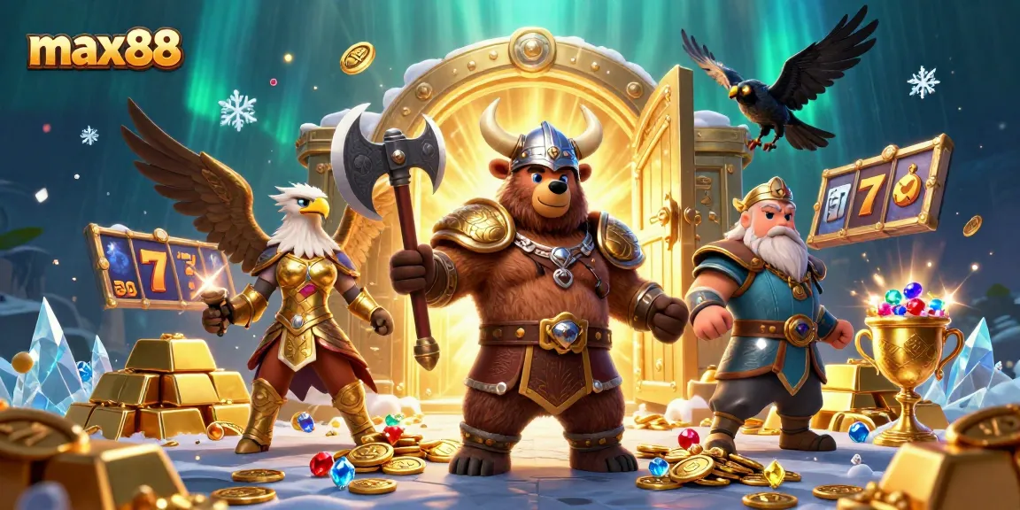 max88 slot games featuring a Viking berserker bear and Valkyrie eagle in a dynamic casino scene.
