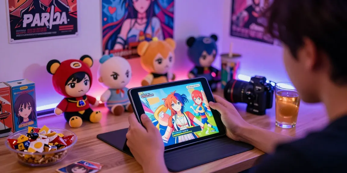 Player enjoying hentai games on a tablet in a cozy gaming nook with snacks and vibrant decor.