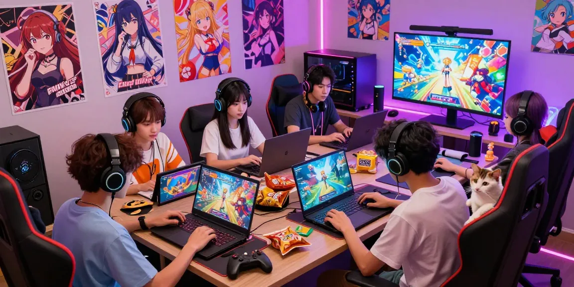 Engaged gamers playing hentai games in a vibrant, cozy gaming room.