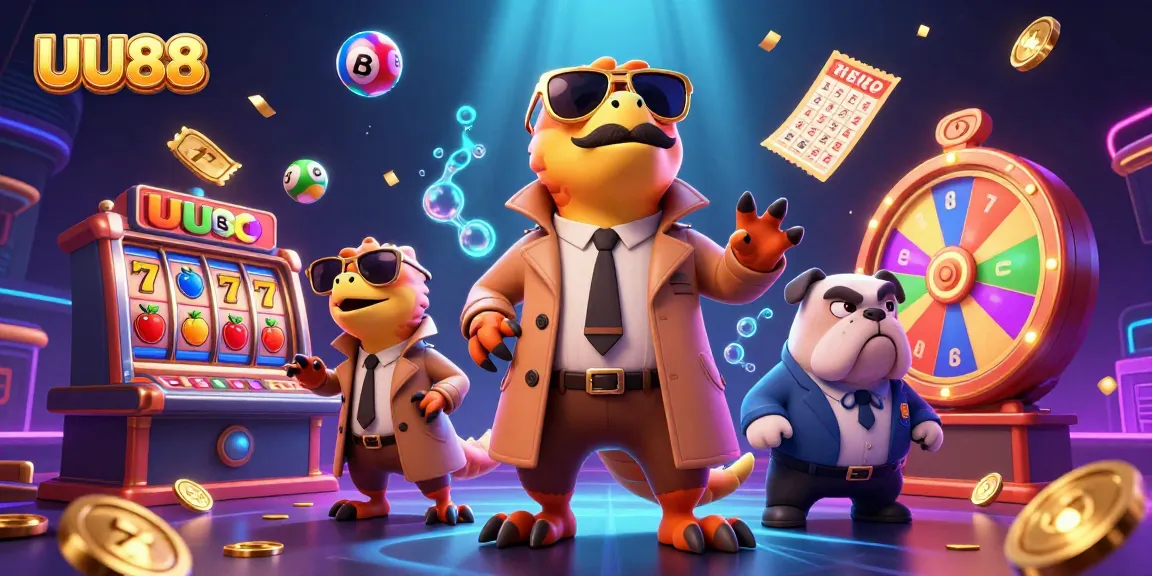 UU88 raptors in a trench coat entering the casino VIP lounge, surrounded by vibrant game elements.