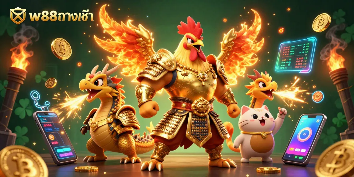 Engage with exciting slots at w88 ทางเข้า, featuring playful characters amidst dazzling casino elements.