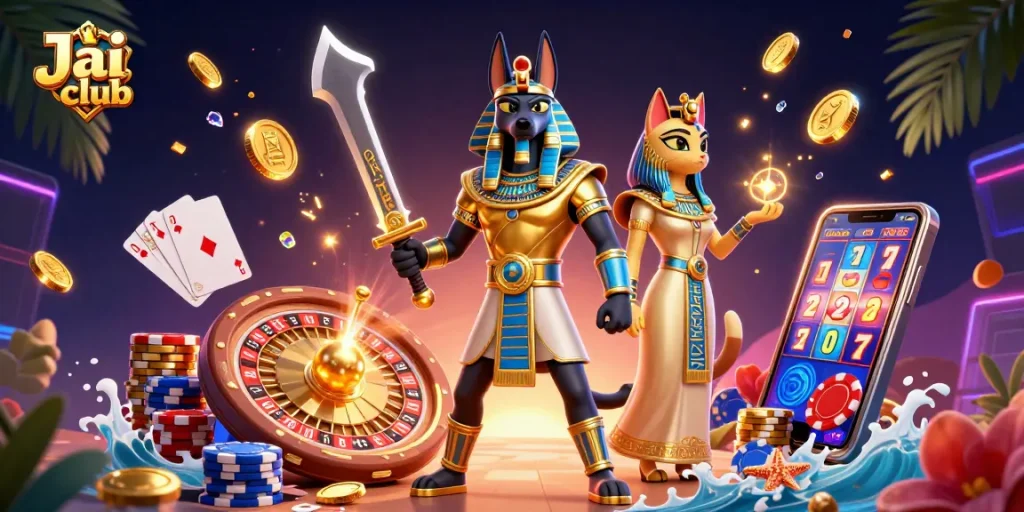 Experience thrilling gameplay with Jai club as ancient warriors battle amidst vibrant casino elements.